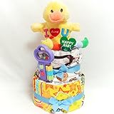 16046 おむつケーキ２段　男の子　アヒルのパペット　ベビー服　知育おもちゃ　オムツケーキ　出産祝い