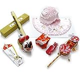 子供 初着 お宮参り 7点 セット 女の子 ピンク (フード帽/よだれかけ/でんでん太鼓/お守り袋/扇子/誕生記/いぬ張子)
