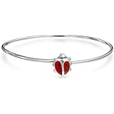 Tiny Red Enamel Small 6 Inch Lucky Charm Ladybug Bangle Bracelet For Women For Teen .925 Sterling Silver