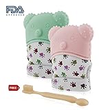 OFUN赤ちゃん 歯固め 食品級シリコン ベビー用手袋 用指しゃぶり防止手袋 おもちゃ 2セット ピンク+グリーン