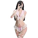 UPENC セーラー服 セクシー コスプレ カチューシャ ランジェリー 下着 袖なし 学生 蝶结び 仮装 ストッキング付き 6点セット フリーサイズ (ピンク)