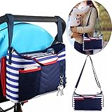 ベビーカー バッグ ママ バッグ ドリンク ボトル ホルダー 折り畳み式 おむつマット付き 大容量 多機能小物入れ 収納ショルダーバッグ (ダークブルー)