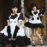 [NOKIJP] メイド服 コスプレ 【パニエ付き】 ワンピース ロリータ メイド コスチューム リボン ロング 半袖 ハロウィン ロリータ服 プリンセス 仮装 文化祭 学園祭 (メイドVer.手袋付き ブラック、S