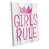 Girls Rule :インドアSign inピンクMotivational Positive SayingのガールズキッズChilds部屋on Wood plank-pattern壁アートプリント 