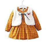 「Bidear」子供服 女の子 ベビー服 ワンピース ベスト 2点セット チェック 柄 秋冬 暖かい 可愛い 通園 発表会 旅行 記念日 プレゼント (イエロー, 130cm)