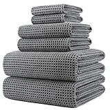 POLYTE オーバーサイズ 152 x 76cm（60 x 30インチ） クイックドライ リントフリー マイクロファイバー バスタオルセット 6枚（グレー、ワッフル織り） 特大サイズ グレー