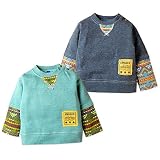 (グリーン/80cm)ベビー服 男の子 トレーナー 長袖 裏起毛 無地 ネイティブ柄切替 ワッペン装飾 重ね着風 スナップボタン 男児 ベビー