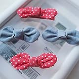 4Ｐヘアークリップセット　2色リボン ヘアピン ヘアクリップ 七五三 お花ヘアピン 発表会 子ども 髪飾り デニム&ピンクドット ポリエステル 23634(ピンクリボンに水玉クリップ×2個 ジンズ薄い