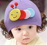 ニット帽 赤ちゃん 3カ月 ～ 4歳 子供ハット かつら ウィッグ 付き 新生児 お洒落 伸縮性がある ヘアバンド ヘアアクセサリー 出産祝い プレゼント 写真小道具, かわいい昆虫 パープル