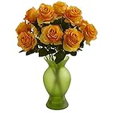 Home Indoor Decorative Tabletop Roses with Colored Glass Vase Orange Yellow