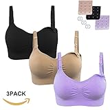 Burvogue授乳ブラジャーなしワイヤーマタニティブラス3枚セット (Large, 黒+スキン+ライトパープル)