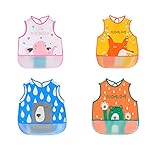 IRYPULSE防水給餌ビブ　ベビーエプロン　絵画スモック　ノースリーブ　ベルクロ　ポケット付き　かわいいデザイン　0-3歳の幼児に適用　4枚セット（ピンク、オレンジ、ブルー、グリーン）
