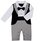 (フィーショー)FEESHOW 男の子フォーマルスーツ 蝶ネクタイ付き ベビーロンパース 長袖 ベビー服 カバーオール 新生児 記念撮影 出産祝い お食い初め ブラック＆ホワイト 70