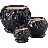陶器植木鉢3点セット（受皿付） ブラック 【おしゃれ ガーデニング プランター おすすめ 人気 陶器 庭 植物 植木鉢 ブラック 黒】