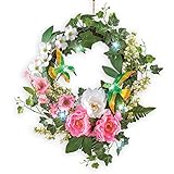 アイビーばねドアWreath with Peonies、ハチドリ&ライト – 16 "