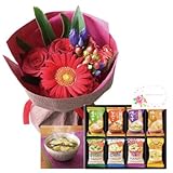 花とスイーツ ギフトセット かわいいレッド バラ ミックス花束　と　フリーズドライ 味噌汁ギフトA 写真入り・名入れメッセージカード
