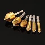 Sndy Drillpro 6pcs 5 フルート1/4 インチ六角シャンク皿ドリルビットセット 6/8/9/12/16/19mm チタンコーティング面取り