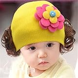 ニット帽 赤ちゃん 3カ月 ～ 4歳 子供ハット かつら ウィッグ 付き 新生児 お洒落 伸縮性がある ヘアバンド ヘアアクセサリー 出産祝い プレゼント 写真小道具, 美しい花 イエロー