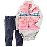 カーターズ（Carter's）女の子用レインボーマルチボーダー柄フリースベストx薄グレー長袖ボディスーツお出かけ用上下3点セット (12months(72-78cm)) [並行輸入品]