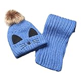 (プタス)Putars 子供用 帽子 ニット帽 マフラー 二点セット ポンポン 猫柄 耳付き 女の子 八色 耳保護 防寒 防風 暖かい 冬 可愛い 新生児 記念日 プレゼント
