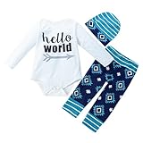 hello world　英語文字　３点セット（ロンパース＋パンツ＋帽子）ベビー服　男の子　 幼児　赤ちゃん 子供服　男の子　長袖　4サイズ　丸首　70CM－80CM－90CM－100CM（0ヶ月－24