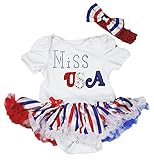赤　白　青　ストライプ　ドレス　アメリカ　クリスタル　MISS　USA　フラグ　ベビー服　ワンピース　ロンパース 　パーティー　リボンヘッドバンド　セット　半袖 (L) [並行輸入品]