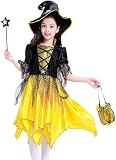 ITAKI 魔女 コスプレ 4点 セット キッズ ハロウィン ドレス 帽子 ステッキ 手提げ バッグ (140㎝)