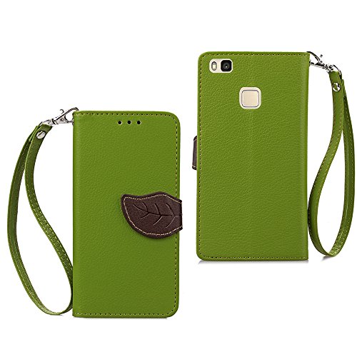 Huawei P9lite PUレザー ケース 葉のボタン 手帳型 Vivagaga 保護ケース カード収納ホルダー 横置きスタンド機能付き マグネット式 スマホケース ストラップ付き ライチ紋 グリーン