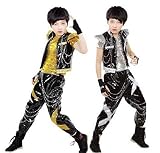 Grepeace スパンコール ダンス衣装 ヒップホップ ステージ 衣装 ジャズダンス衣装 子供 チアガール 衣装 男の子 上下セット 子供用 キッズ チアリーダー 衣装 社交ダンス 発表会 応援団 ダンスウェア (ゴールデン,140)