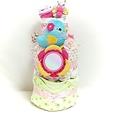 16066 おむつケーキ３段　女の子　小鳥ちゃん　楽しいオモチャとベビー服　おしゃれグッズ[品番16066]即納オムツケーキ　知育玩具　ロンパース　初節句内祝い誕生日プレゼント　紙オムツ個別包装　パン