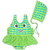 Spinas(スピナス) 思わず笑顔になる♪キッズ ベビー ガールズ ボーイズ 水着 上下セット スマイル 帽子付 全2色（イエロー、グリーン） (Ｍ （90～105cm）, グリーン)