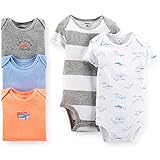 カーターズ（Carter's)2015年春夏最新作,男の子用クラシックシャーク半袖ボディースーツ5枚セット 出産祝い,水色ロンパース,ボーダー肌着,綿下着,ボディスーツ,ボディシャツ,コンビ肌着,短肌