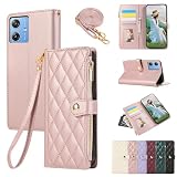 For Moto G64/G64Y 5G ケース 手帳型 モトローラ G64 ケース ショルダー ひし形柄 Moto G64 5G カバー 人気 女性 Moto G64y 5g ケース 肩掛け カード収納 ジップ付き財布 横置き機能 シンプル お洒落 スマホケース (ローズピンク)
