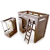 ロフトベッド ワードローブ2つ付き 大容量 ハンガーラック 隠しキャスター ハシゴ位置自由 すのこ 木製 シングル ウォルナット