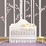 Nursery Birch Tree Wall Decal Set With Owl Birds Forest Vinyl Sticker, Birch Tree Wall Decal, Birch 