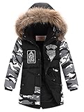 EOZY キッズ服 ダウンジャケット ダウンコート ボーイズ 迷彩 フード付き カジュアル ジッパー 男の子 子供 防寒 保温 アウター 通学 110 ブラック