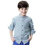 KID1234男の子長袖コットンバンドカラーチェックシャツ(140,青)