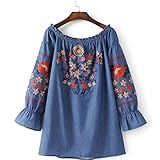 SFGHOUSE　綺麗な花柄　オフショルダー 　刺繍ブラウス　デニムシャツ　肩出し　長袖　シャツワンピース　　 (M)