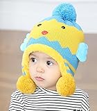 冬にオススメ 赤ちゃん ひよこ ボンボン帽子 0～4歳用 暖かい やわらか ニット帽 (イエロー×ブルー)
