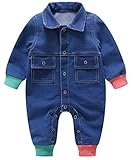 Lisa Pulster ベビー ロンパース カバーオール ベビー服 ボーイズ ガールズ 前開き デニム 柔らか スナップ リブ 春秋 ラペル かっこいい お出かけ用 (90, ブルー)