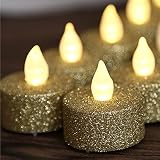 LOGUIDE 12pcs Led Flameless Gold Glitter Votive Tealight Candle Powered By Battery Lighting For Wedd