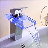 Rozinsanitary LED Changing Color Waterfall Bathroom Sink Faucet Glass Spout Basin Mixer Tap by Rozin