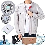 DEWBU 空調服 作業服 空調風神服 長袖 夏用 熱中症対策 クーラー服 エアークラフト ブルゾン 節電 ファン付き (M, 薄グレー)