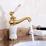 awxjx Washroomシンクミキサータップ銅ヨーロピアンスタイル洗面台ホットとコールドSit Cold Alone Jade Ceramicsゴールド