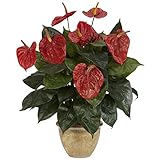 Nearly Natural 6665 Anthurium with Ceramic Vase Decorative Silk Plant, Red [並行輸入品]