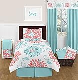 Sweet Jojo Designs Turquoise and Coral Emma 4 Piece Kids Teen Modern Twin Bedding Set Collection [並行