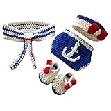 Domybest ベビー ニット 新生児 写真撮影 小道具 柔らかい コットン 男の子 ネイビースーツ 可愛い　帽子+ショーツ+靴+スカーフ （2サイズ可選択）