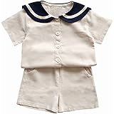 [POBIDOBY] ベビー服 子供服 セーラー服 Tシャツ＋ハーフパンツ 2点セット リネン 半袖前開き かわいい トップス 半ズボン 男の子 女の子 キッズ 普段着