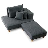 ソファ カウチソファ 2人掛け 天然木脚 レイアウト自在 オットマン付き コンパクトサイズ チャコールグレー