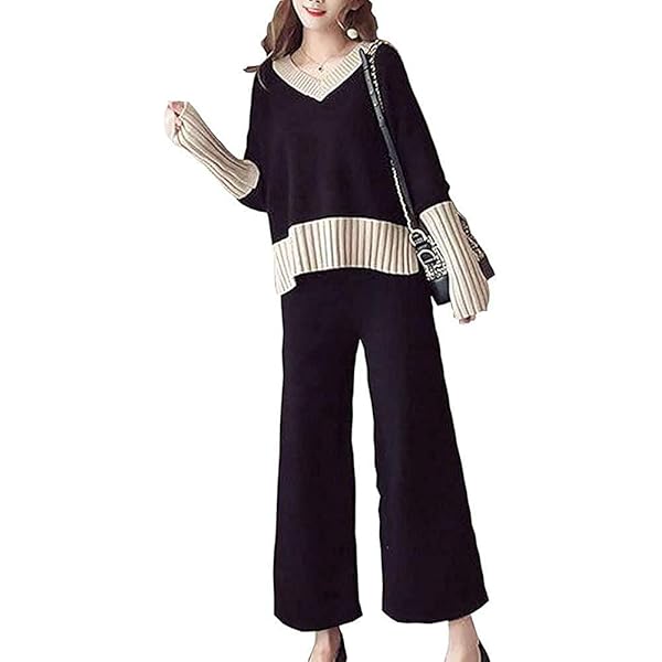 Amazon | [N-B] Vネック ニット ワイドパンツ セットアップ 2点